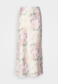 Jupe longue et fluide avec un motif floral pastel doux en rose, vert, jaune et blanc sur un fond clair.