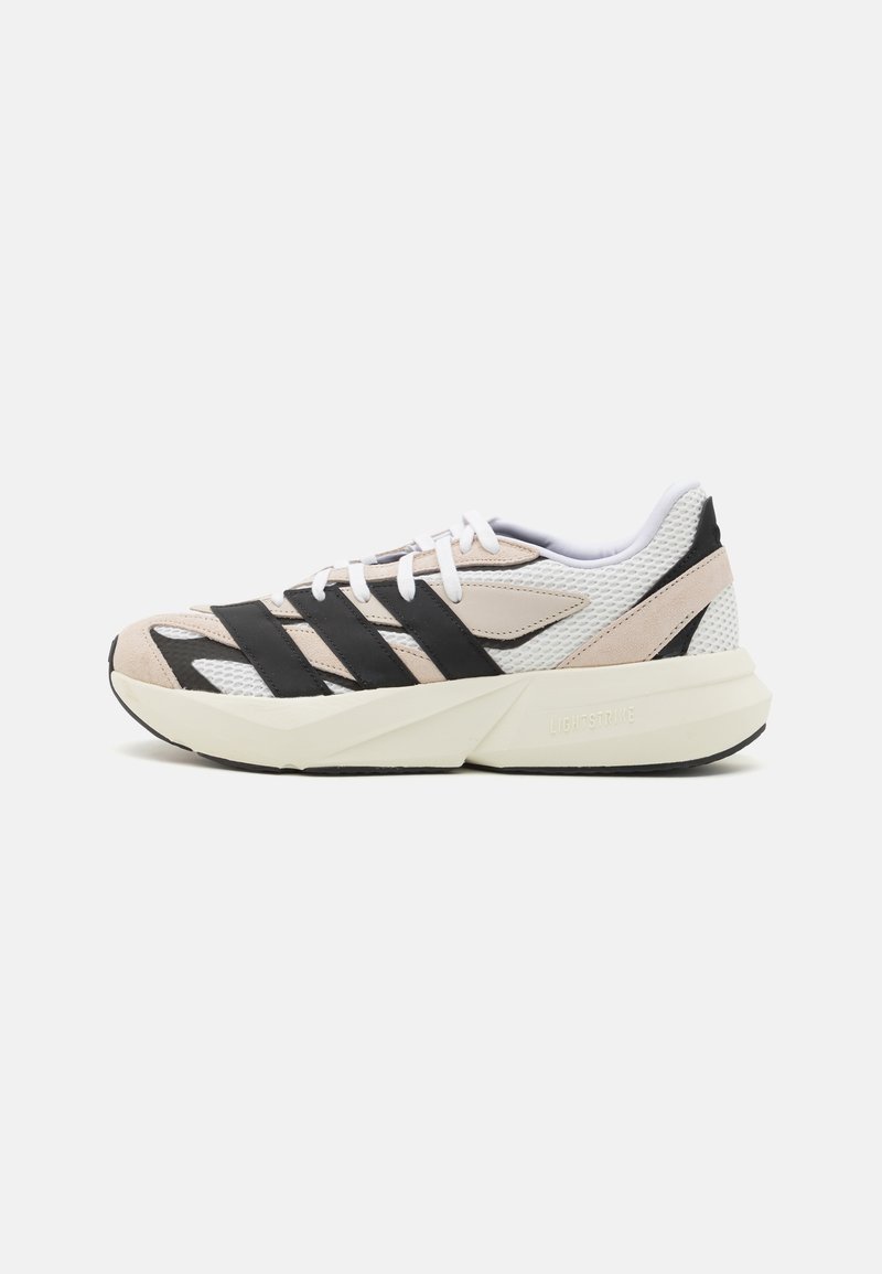Lightweight athletic shoes with a mesh and suede upper in pink, black, and white, featuring three black stripes and a thick rubber sole.