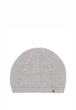 Light gray knitted beanie with a ribbed edge and a small rectangular brand tag on the bottom right.