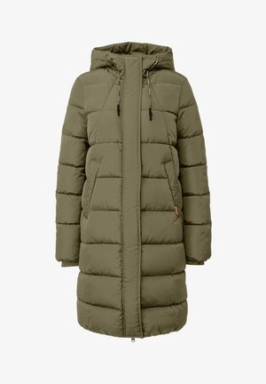 Lange olijfgroene gewatteerde winterjas met capuchon, ritssluiting aan de voorkant, zijzakken en koorddetails op de capuchon.