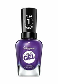 Sally Hansen Miracle Gel kynsilakka 14,7 ml lasipullossa. Elinvoimainen violetti sävy, jossa on kiiltävä pinta ja musta, pyöreä korkki, jossa on teksti "Step 1 Color."