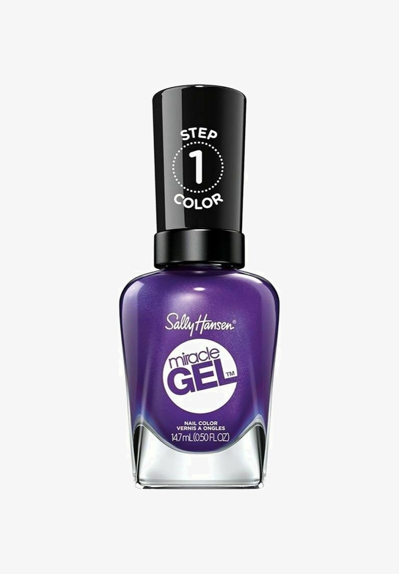 Sally Hansen Miracle Gel kynsilakka 14,7 ml lasipullossa. Elinvoimainen violetti sävy, jossa on kiiltävä pinta ja musta, pyöreä korkki, jossa on teksti "Step 1 Color."
