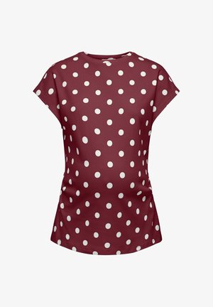 Bordowa bluzka z krótkim rękawem w białe kropki, z okrągłym dekoltem i lekko dopasowaną talią.