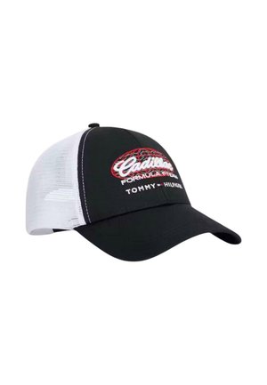 Cappellino da baseball in mesh nero e bianco con logo ricamato rosso e bianco "Cadillac Formula Team Tommy Hilfiger" sulla parte frontale.