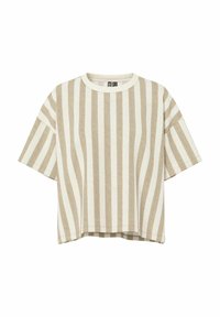 Top corto a maniche corte in beige chiaro con strisce verticali crema a contrasto. Tessuto morbido con scollo rotondo e vestibilità rilassata.