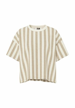 Korte ermer avkortet topp i lys beige med kontrastfargede kremfargede vertikale striper. Mykt stoff med rund hals og avslappet passform.