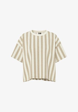 Korte ermer avkortet topp i lys beige med kontrastfargede kremfargede vertikale striper. Mykt stoff med rund hals og avslappet passform.