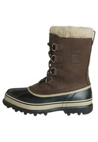 Brown waterproof winter boot featuring a soft faux fur collar, rubber lower, and metal eyelets with lacing for a secure fit.