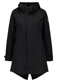 Impermeabile nero con cappuccio, caratterizzato da una linea dritta e un logo verde a contrasto sulla manica sinistra. Interno foderato in tessuto morbido.