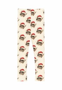 Legginsy wykonane z miękkiego materiału z powtarzającym się wzorem kocich twarzy noszących czerwone czapki św. Mikołaja na jasnym tle.