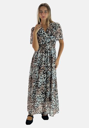 Abito lungo con un design a portafoglio, maniche corte e vita smock. Realizzato in un materiale leggero con un motivo a leopardo beige e nero.