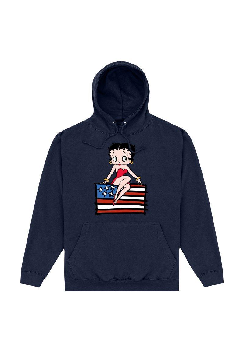 Felpa navy con un grafiche di un personaggio dei cartoni animati in un vestito rosso seduto su una bandiera americana stilizzata con accenti blu e rossi.
