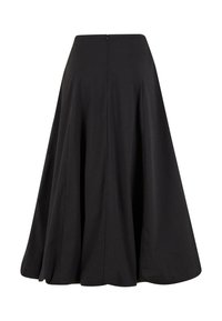Zwarte lange rok van soepel materiaal, met een uitlopende snit, discreet rits aan de achterkant en subtiele plooien.