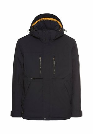 Navy blue waterproof jacket with a hood, featuring two large front pockets with zippers, and a beige inner lining. Textured fabric and adjustable cuffs.
