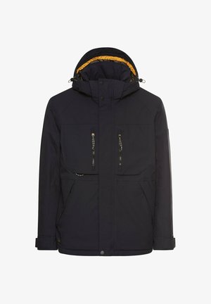 Marineblau wasserdichte Jacke mit Kapuze, ausgestattet mit zwei großen Fronttaschen mit Reißverschlüssen und einem beigen Innenfutter. Strukturierter Stoff und verstellbare Bündchen.