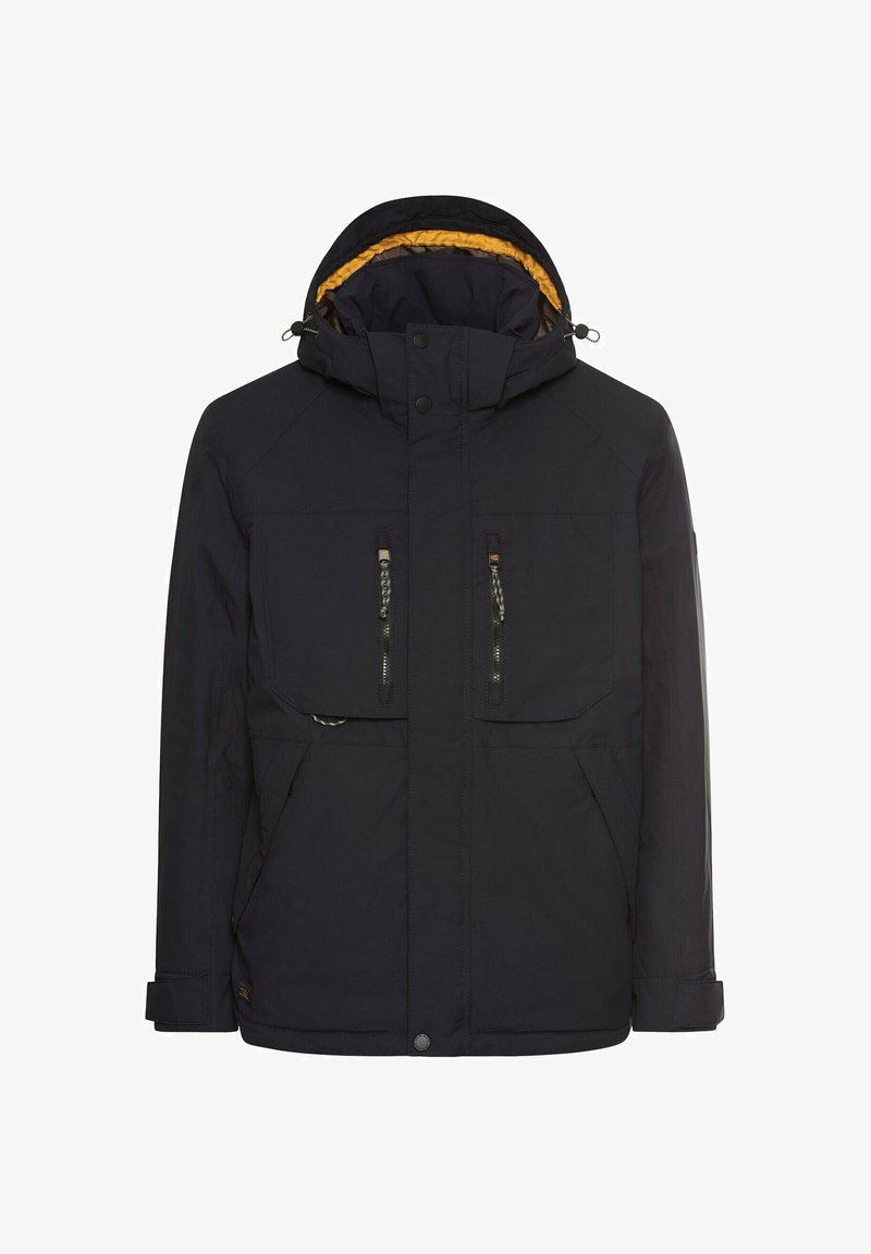 Granatowa wodoodporna kurtka z kapturem, z dwoma dużymi kieszeniami z przodu z zamkami błyskawicznymi oraz beżową podszewką. Teksturowany materiał i regulowane mankiety.