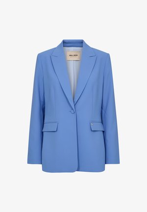 Blazer bleu clair à un bouton avec revers crantés et deux poches à rabat à l'avant, portant l'étiquette "MOS MOSH" à l'intérieur du col.