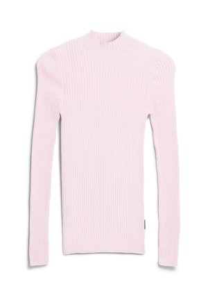 Geribde longsleeve top gemaakt van zachte lichtroze stof. Hoge halslijn, slim fit en subtiele pofschouderdetails. Strak ontwerp zonder versieringen.