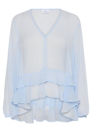 Hele sinine, pika varrukaga blouse, läbipaistvast kangast, V-dekoltee ja kihilise volangiga ääres. Pehme tekstuur ja delikaatne disain.
