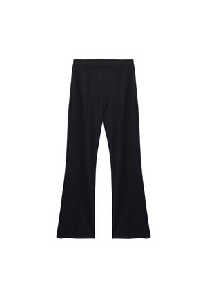 Schwarze, ausgestellte Hose aus elastischem Material mit glatter Textur und seitlichen Nähten für einen eleganten Look. Keine sichtbaren Marken oder Muster.