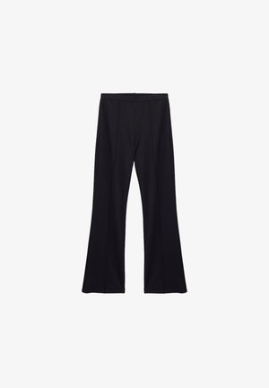 Schwarze, ausgestellte Hose aus elastischem Material mit glatter Textur und seitlichen Nähten für einen eleganten Look. Keine sichtbaren Marken oder Muster.