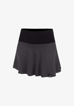 Gonna nera con un motivo testurizzato. Presenta una cintura ampia e liscia e una silhouette svasata, progettata per facilitare i movimenti.