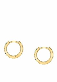 Guld hoop øreringe med et slankt design, der præsenterer en række små multifarvede sten langs den ene kant. Rund og glat form.
