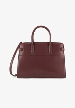 Ciemnobrązowa skórzana torebka z dwoma górnymi uchwytami i odpinanym paskiem na ramię, o prostokątnym kształcie, gładkim wykończeniu i minimalistycznych detalach szwów.