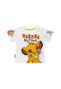 Valkoinen lasten t-paita, jossa on Simban kasvot ja teksti "Hakuna Matata". Timon on oikeassa hihassa ja Pumbaa vasemmassa hihassa.