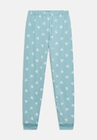 Ανοιχτό μπλε πυτζάμα παντελόνι με λευκά ριγέ σχέδια καρδιάς, ελαστική μέση και εφαρμοστά μανσέτες στους αστραγάλους.