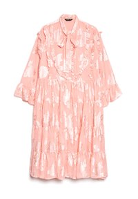 Svetloružové šaty s volánovými rukávmi a viazaním na krku. Má kvetinový vzor na lesklom materiáli. Rozšírený strih s vrstveným dizajnom.