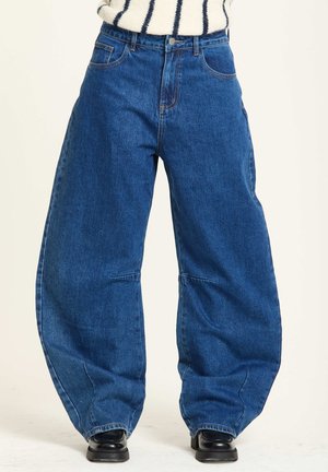 Wide-leg blue denim jeans with a high waist, featuring a classic five-pocket design and subtle whiskering on the front.