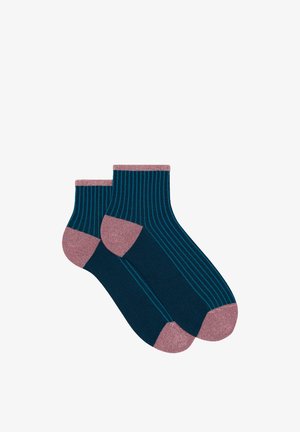 Short ankle socks made of soft material, featuring dark teal with vertical stripes, pink ribbed cuffs, and contrasting toe and heel accents.