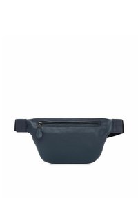 Granatowa skórzana nerka o teksturowanym wykończeniu, z przednią kieszenią na zamek błyskawiczny, regulowanym paskiem oraz smukłym kształtem.