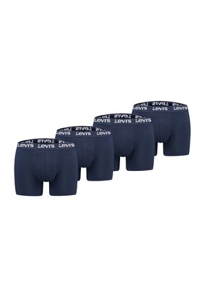 Fünf Paare marineblaue Levi's Boxershorts mit gebrandeten elastischen Bund, in einer Reihe vor weißem Hintergrund angeordnet.