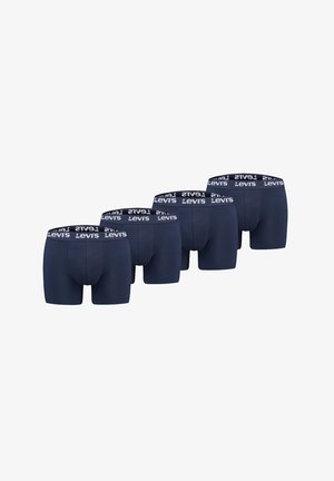 Fünf Paare marineblaue Levi's Boxershorts mit gebrandeten elastischen Bund, in einer Reihe vor weißem Hintergrund angeordnet.