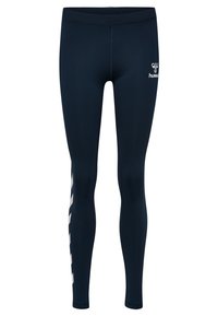 Mörkblå leggings i stretchmaterial med en åtsittande design och en vit logotyp på övre låret. Sidostrimma ger kontrast.