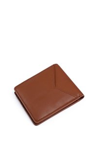 Brown leather wallet with a sleek, rectangular shape, featuring an angled flap design and fine stitching details. Smooth texture.