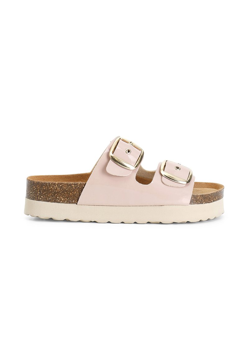 Pink patent slide sandal with two adjustable straps and gold buckles, featuring a cork midsole and a white rubber outsole.