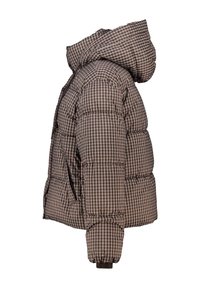 Chaqueta de plumas a cuadros marrones con capucha. Presenta un diseño acolchado, puños elásticos y dos bolsillos laterales. Material ligero e insulated.