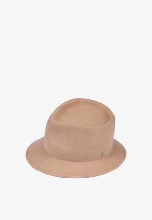 Beige felt bucket hat with a soft texture and a small metal brand logo on the brim.