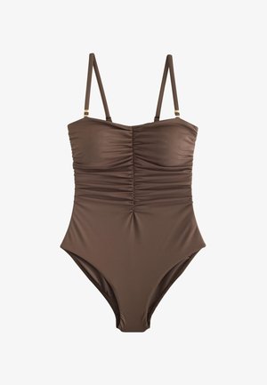 Costum de baie întreg maro, cu detalii fronțate în partea din față și bretele subțiri reglabile.