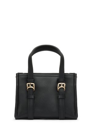 Piccola borsa a mano in pelle nera strutturata con doppi manici superiori e cinturini con fibbie decorative in metallo dorato sulla parte anteriore.