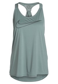 Licht turquoise sporttopje gemaakt van Dri-FIT-materiaal. Voorzien van een zwarte Nike-swoosh en een racerback ontwerp met een gebogen zoom.