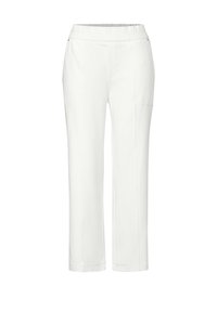 Vita elastiska byxor med rak bendesign, som har sidofickor och diskret sömnadsdetaljering. Slät textur, lätt material.