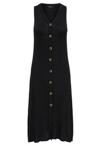 Robe midi noire sans manches avec un décolleté en V et une rangée centrale de sept boutons longeant l'avant.