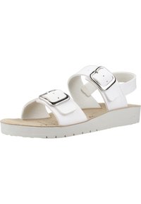 Sandalia blanca con dos correas ajustables con hebillas plateadas, plantilla suave y suela blanca texturizada. Diseño simple y abierto.