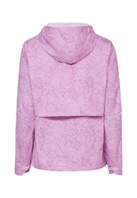 Giacca con cappuccio di colore viola chiaro con motivo astratto a linee viola scuro, maniche lunghe e pattina di ventilazione sul retro.