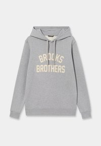 Felpa grigia realizzata in tessuto misto cotone, con cappuccio regolabile e testo color crema "BROOKS BROTHERS" sulla parte anteriore.