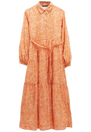 Langærmet orange kjole med hvidt blomsterprint, knaplukning foran, krave, elastiske manchetter og bælte i taljen.